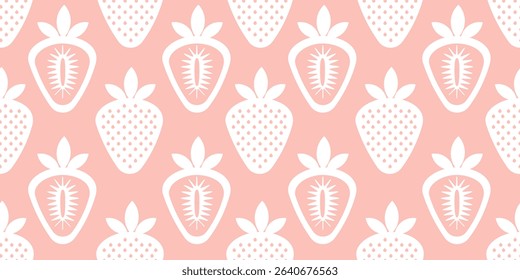 Seamless pattern of white strawberries with seeds and core. Whole and sliced berries on soft pink background.