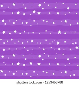 Seamless pattern with white stripes and stars on purple background for decoration, poster, banner, greeting card, postcard, advertising, packaging, cover, fabric, textile, wrapping paper