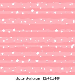 Seamless pattern with white stripes and stars on pink background for decoration, poster, banner, greeting card, postcard, advertising, packaging, cover, fabric, textile, wrapping paper