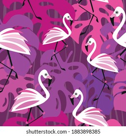 Seamless pattern. White stylized flamingos and pink leaves on violet backround. Vector graphic illustration.