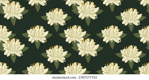 Seamless Pattern with White Stylized Flowers, Minimalist Botanical Print on Deep Green Background. Seamless pattern featuring hand-drawn white blossoms with yellow centers and green leaves on dark forest green background. Elegant, modern botanical design for textiles, stationery, and wallpaper.