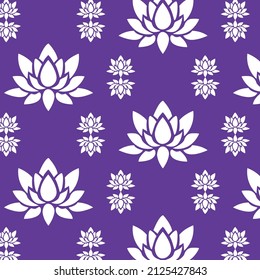 Seamless pattern. White stylized water lotos on violet background. Beautiful lotos pattern for spa, yoga and meditation. Buddism symbol