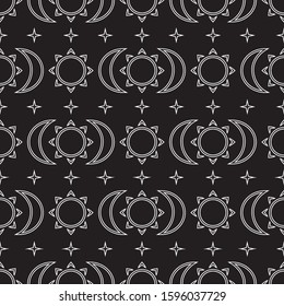 Seamless pattern of white suns, the moon and stars on a black background.