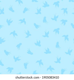 Seamless pattern with white swallow silhouette on blue background. Cute bird in flight. Vector illustration.  Doodle style. Design for invitation, poster, card, fabric, textile.