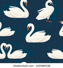 Seamless pattern of white swam bird flat vector illustration on blue background