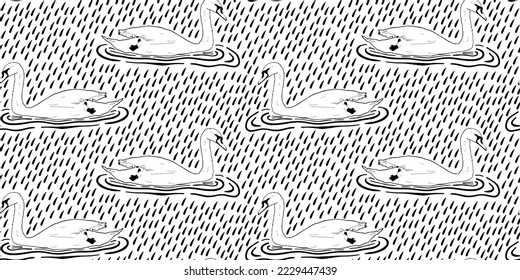 Nahtloses Muster, weißer Schwan im Doodle-Stil. Vektor-Swans-Muster. Stilvolles Muster für Stoffdesign, Scrapbooking und Webbanner. Schwan im Regen.