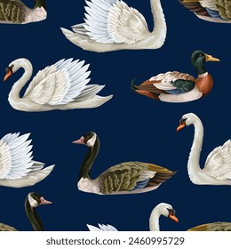 Seamless pattern with white swan and duck. Vector