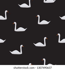 Seamless pattern white swan isolated on black background. Cute animal print, girly sweet motif for fabric textile cloth or wall paper, vector design eps 10