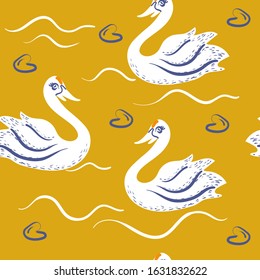 seamless pattern with
white swan on the yellow background for decoration interior, print posters, greeting card,wrapping in modern scandinavian style in vector. Doodle style. Scandinavian 
