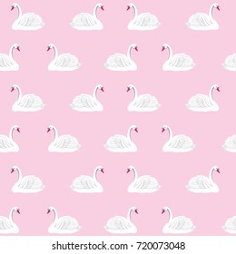 Seamless pattern white swan on pink background, vector illustration