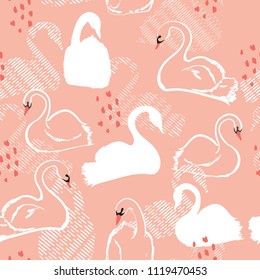 Seamless pattern with white swan princess. Creative hand drawn style on light pink  background. Perfect for all prints  design, fabric, wrapping, wallpaper, textile, apparel