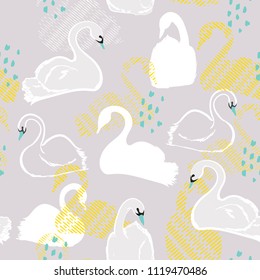Seamless pattern with white swan princess. Creative hand drawn style on light grey background. Perfect for all prints  design, fabric, wrapping, wallpaper, textile, apparel