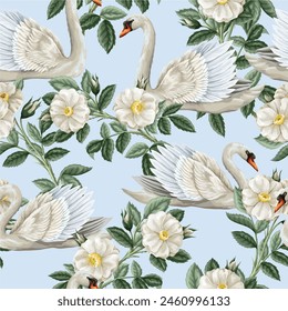 Seamless pattern with white swan and roses. Vector