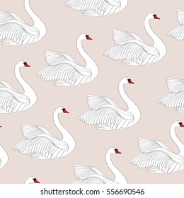 Seamless pattern with white swans. White bird ornamental tile background.