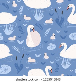 Seamless pattern with white swans and brood of cygnets floating in pond or lake among water lilies and reeds. Backdrop with flock of birds. Flat vector illustration for wrapping paper, textile print.