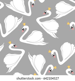 Seamless pattern with white swans. White swans with crowns on grey background. Vector illustration.