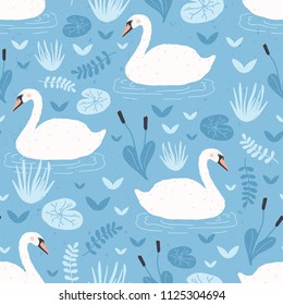 Seamless pattern with white swans floating in water pond or lake among plants. Backdrop with beautiful wild birds, waterfowl. Flat hand drawn vector illustration in cartoon style for textile print.