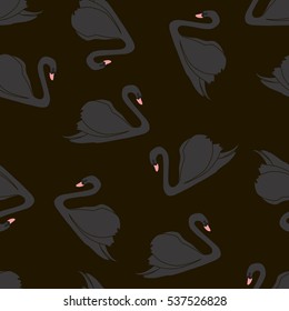 Seamless pattern with white swans. Grey swans on black background. Vector illustration.