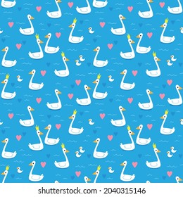 Seamless pattern with white swans and hearts on a blue background. Vector illustration of birds in love in a minimalistic style, drawing a symbol of family and fidelity. For textiles, print design.