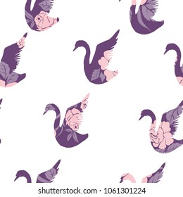 Seamless pattern with white swans,  illustration.