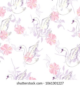 Seamless pattern with white swans,  illustration.
