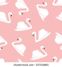 Seamless pattern with white swans. White swans on pink background. Vector illustration.