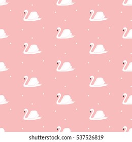 Seamless pattern with white swans. White swans on pink background. Vector illustration.