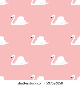 Seamless pattern with white swans. White swans on pink background. Vector illustration.