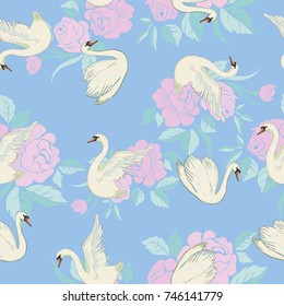 Seamless pattern with white swans. White swans on black background. Vector illustration.