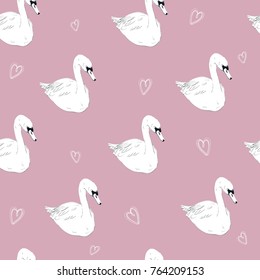 Seamless pattern with white swans. White swans on black background. Vector illustration.