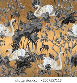 Seamless pattern with white swans and plants on the gold background. Vector