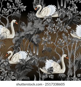 Patrón sin fisuras con cisnes blancos y plantas sobre el fondo de oro oscuro. Vector