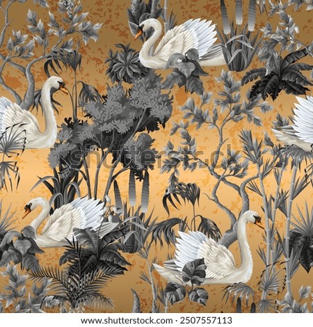 Seamless pattern with white swans and plants on the gold background. Vector