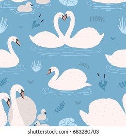 Seamless pattern with white swans. Singles and birds pairs with chicks. Swan's couples on blue background. Colorful vector illustration.