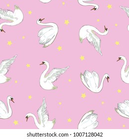 Seamless pattern with white swans. Vector.