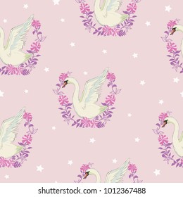 Seamless pattern with white swans. Vector.