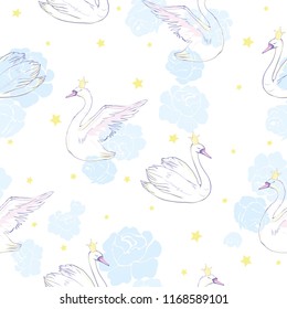 Seamless pattern with white swans. Vector illustration.