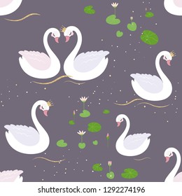 Seamless Pattern with white Swans and Water Lillies.