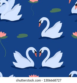 Seamless pattern with white swans and water lily in lake . Wild birds or waterfowl in pond with lotus flower. Hand drawn vector illustration for print.