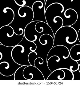 Seamless pattern with white swirls on a black background 