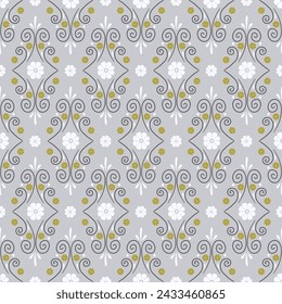 Seamless pattern with white swirls and small flowers on gray background. Abstract geometric pattern.