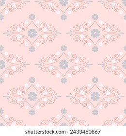 Patrón sin fisuras con remolinos blancos y pequeñas flores sobre fondo rosa pastel. Patrón geométrico abstracto.