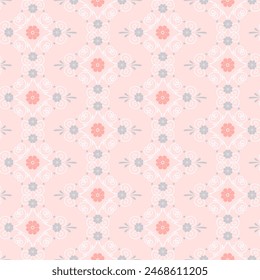 Seamless pattern with white swirls and small flowers on pastel pink background. Abstract geometric pattern.