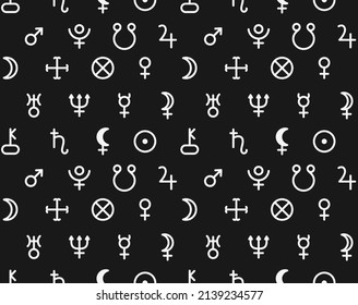 Seamless pattern with white symbols of the planets on a black background