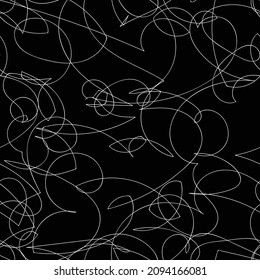 Seamless pattern, white tangled thread on a black background. Abstract design for decoration