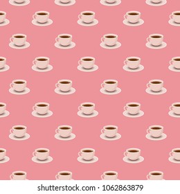 Seamless Pattern with White Tea or Coffee Cups on Pink. Vector Illustration. Flat Style. Decorative Background for Cafeteria, Posters, Banners, Cards, Wrapping Paper, Gifts, Kitchen Design