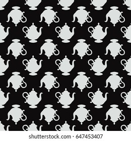 Seamless pattern with a white teapots on a black  background