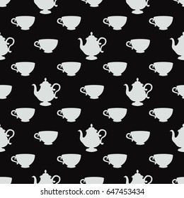 Seamless pattern with a white teapots on a black  background