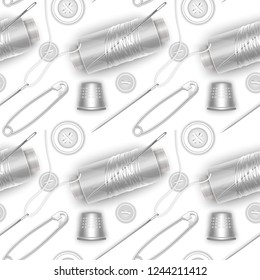 Seamless pattern with White thread, White buttons, needle and pin for clothes, white color texture, perfect for textile, Wallpaper, packaging, web pages, etc. Vector EPS 10 Illustration