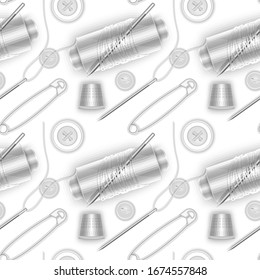 Seamless pattern with White thread, White buttons, needle and pin for clothes, white color texture, perfect for textile, Wallpaper, packaging, web pages, etc. Vector EPS 10 Illustration